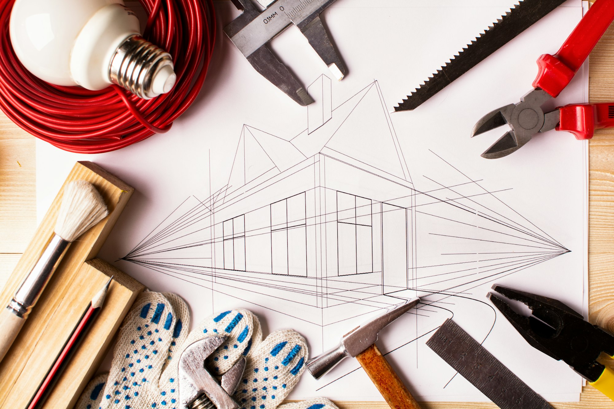 house drawing and working tools. concept of home improvement.